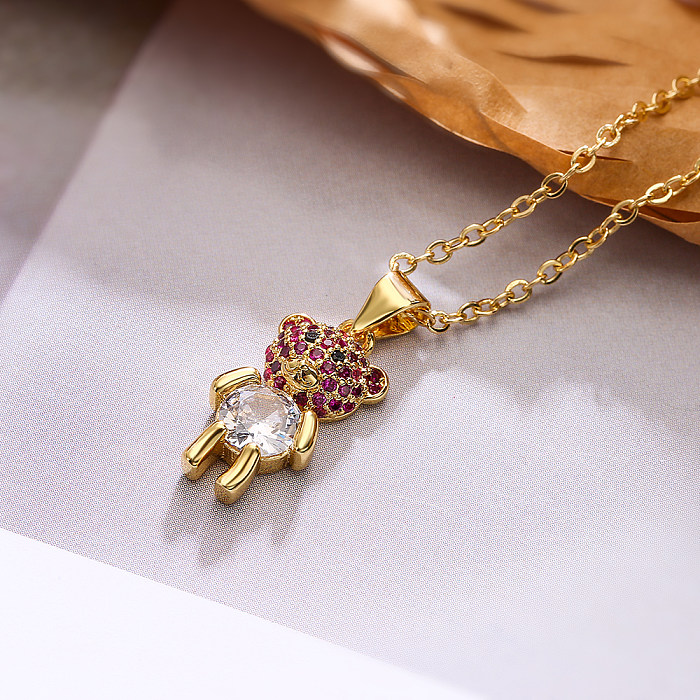 Simple Style Commute Little Bear Copper Plating Inlay Zircon 18K Gold Plated Pendant Necklace