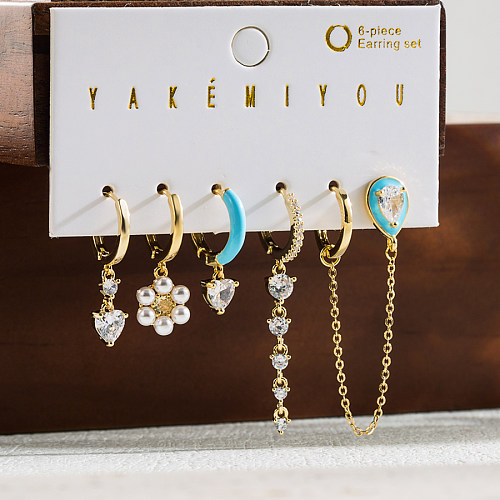 1 Set Water Droplets Heart Shape Flower Enamel Plating Inlay Copper Artificial Pearls Zircon 14K Gold Plated Earrings