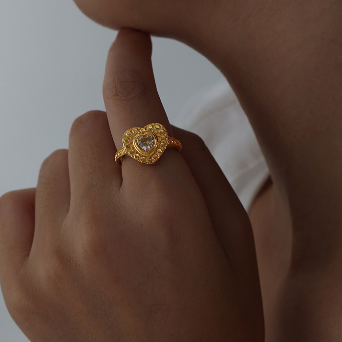Elegant Luxurious Heart Shape Titanium Steel Plating Inlay Zircon 18K Gold Plated Open Rings