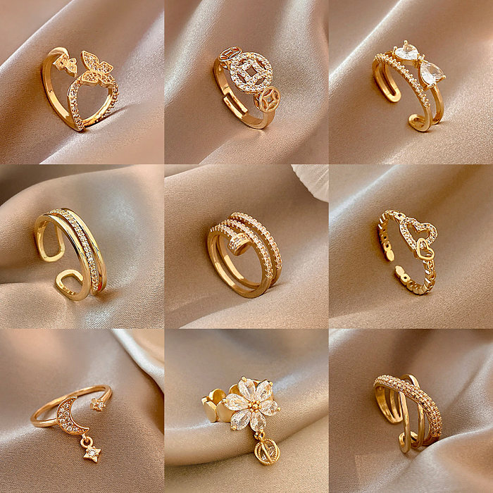 Simple Style Square Flower Bow Knot Copper Hollow Out Inlay Zircon Open Ring 1 Piece