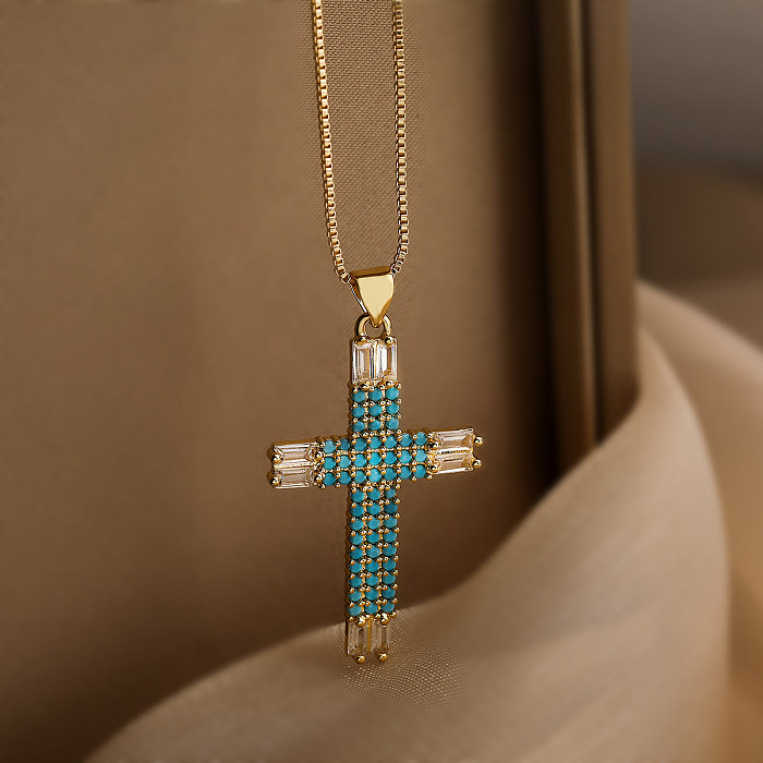 Schlichter Stil, Pendel-Kreuz, verkupfert, Intarsien, künstliche Perlen, Zirkon, 18 Karat vergoldet, Anhänger-Halskette