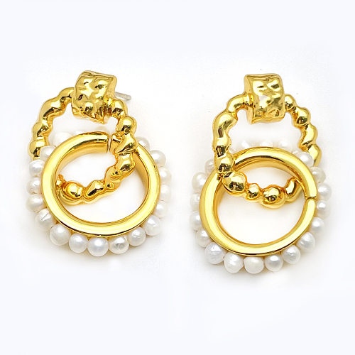 1 par de pendientes de perlas artificiales de cobre con incrustaciones geométricas elegantes para mujer