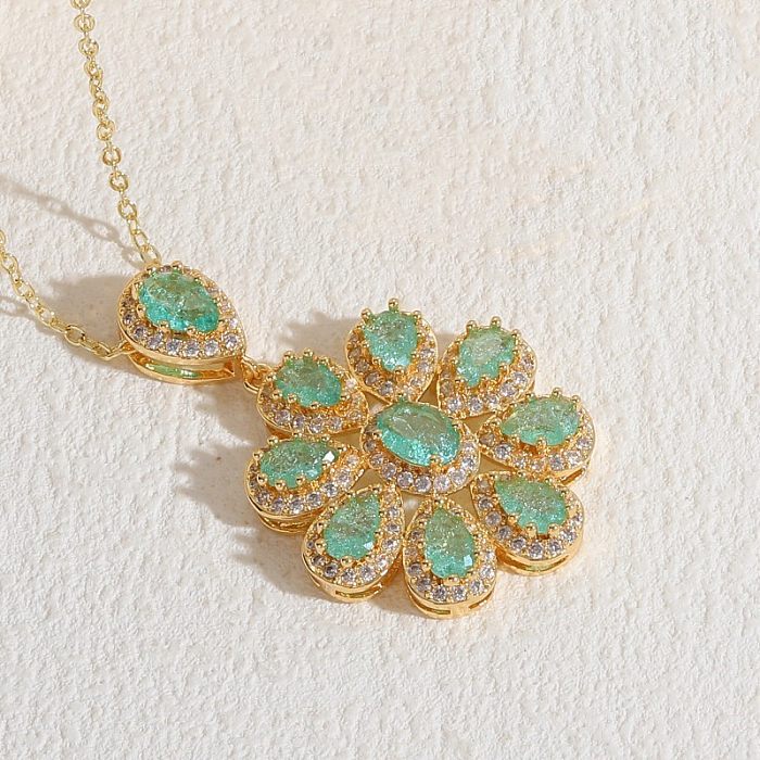 Elegant Luxurious Water Droplets Flower Copper Plating Inlay Zircon 14K Gold Plated Pendant Necklace