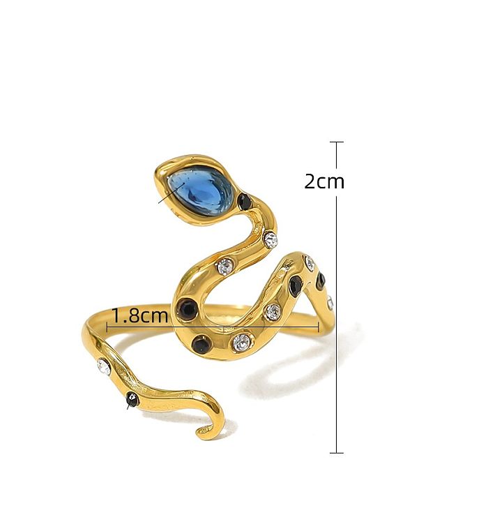 IG Style Vacation French Style Snake Titanium Steel Plating Inlay Crystal Zircon 18K Gold Plated Open Rings