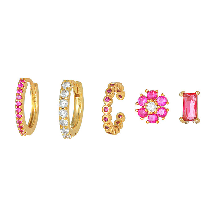 1 Set Basic Sweet Simple Style Geometric Flower Plating Inlay Brass Zircon 18K Gold Plated Earrings
