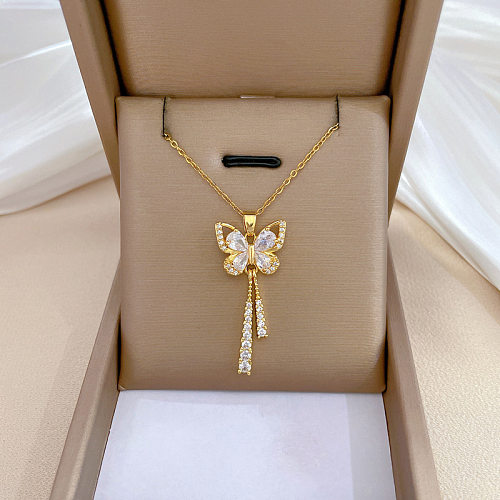Elegant Luxurious Lady Butterfly Titanium Steel Copper Artificial Gemstones Pendant Necklace In Bulk
