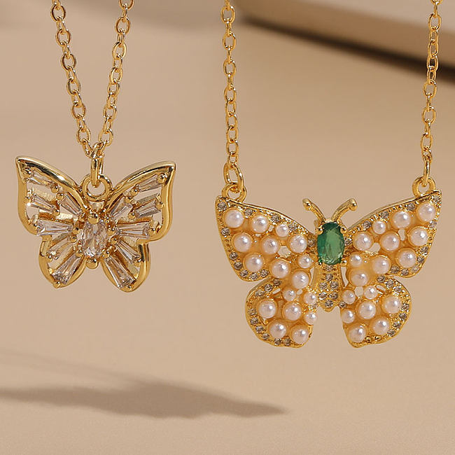 INS Style Butterfly Copper Plating Inlay Freshwater Pearl Zircon 14K Gold Plated Pendant Necklace