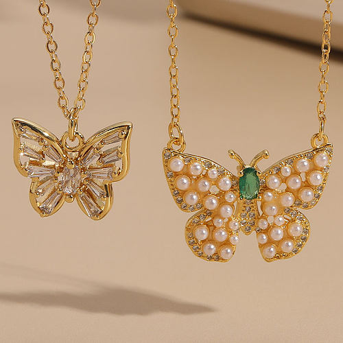 Halskette mit Anhänger im INS-Stil, Schmetterlings-Kupferbeschichtung, Inlay, Süßwasserperle, Zirkon, 14 Karat vergoldet