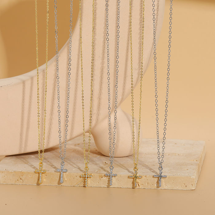 Elegant Cross Copper Plating Inlay Zircon 14K Gold Plated Necklace