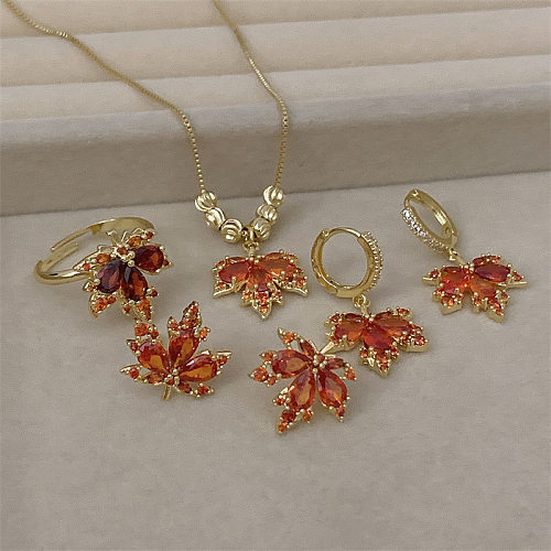 1 Piece 1 Pair Classic Style Leaf Copper Inlay Zircon Earrings