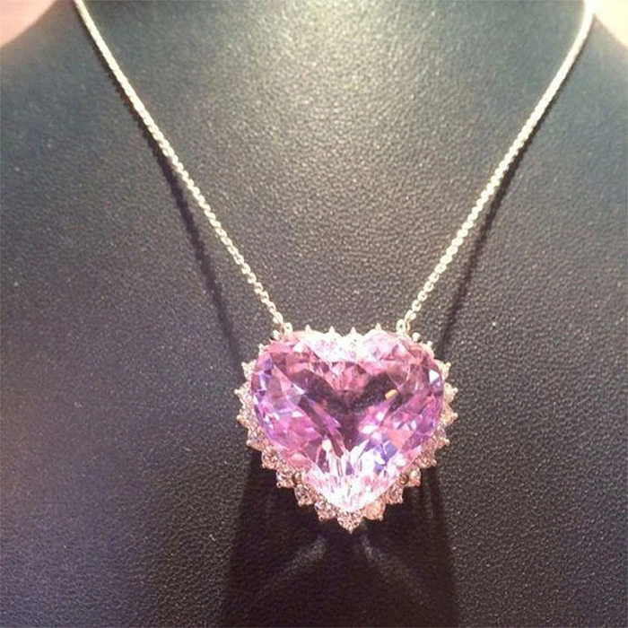 Fashion Heart-shaped Pink Diamond Zircon Simple Pendant Copper Necklace