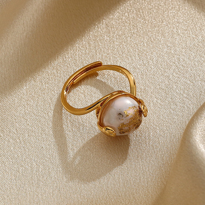 Retro Flower Butterfly Copper Plating Inlay Freshwater Pearl 18K Gold Plated Open Rings
