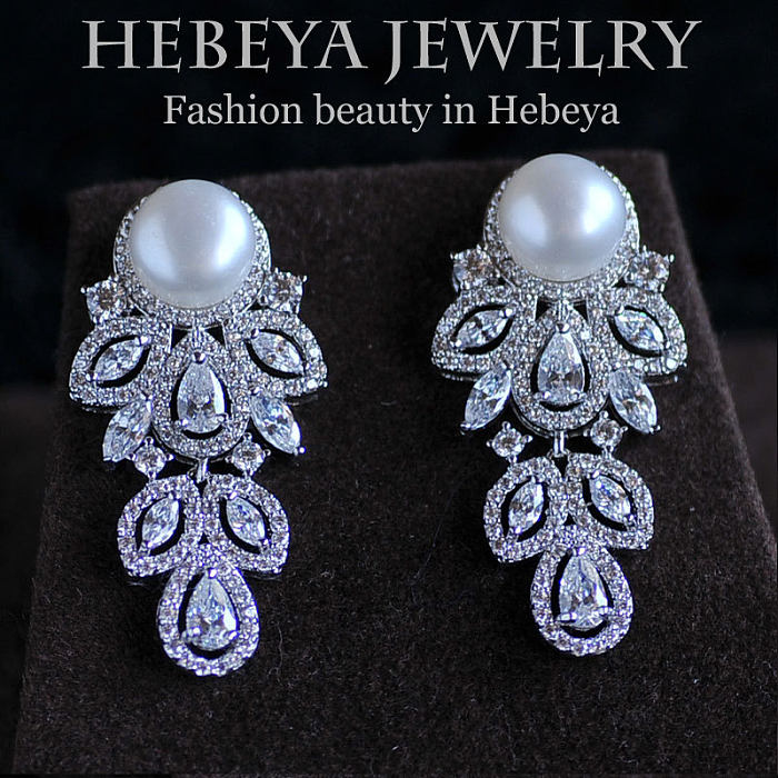 1 Pair Simple Style Shiny Water Droplets Flower Inlay Copper Zircon Drop Earrings