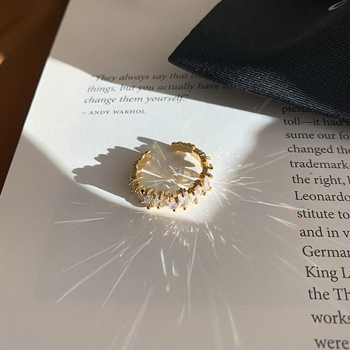 Fashion Geometric Inlaid Zircon Ice Crushing Design Open Copper Ring