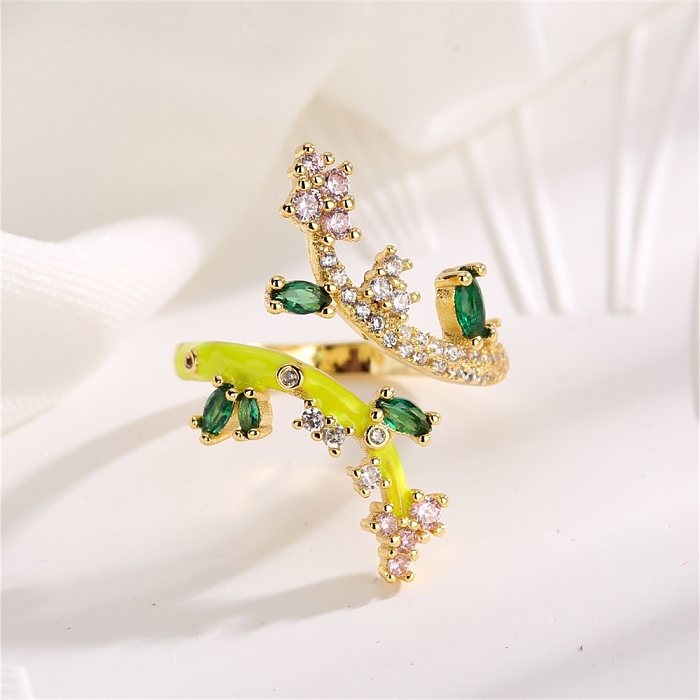 Casual Leaves Copper 18K Gold Plated Zircon Open Ring In Bulk
