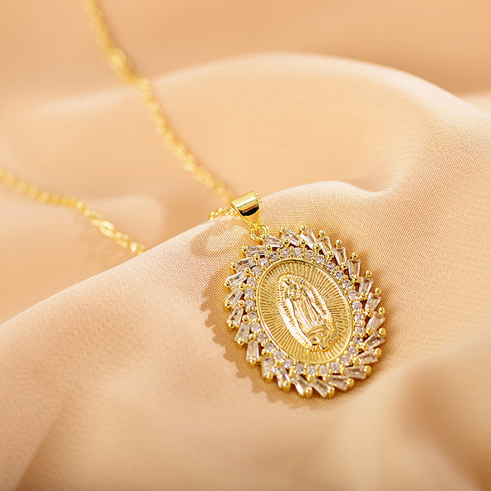British Style Round Copper Gold Plated Zircon Pendant Necklace 1 Piece