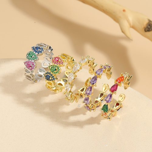 Elegant Luxurious Water Droplets Copper Plating Inlay Zircon 14K Gold Plated Open Rings