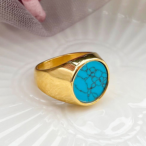 Wholesale Simple Style Roman Style Commute Round Stainless Steel Plating Inlay Gold Plated Turquoise Rings
