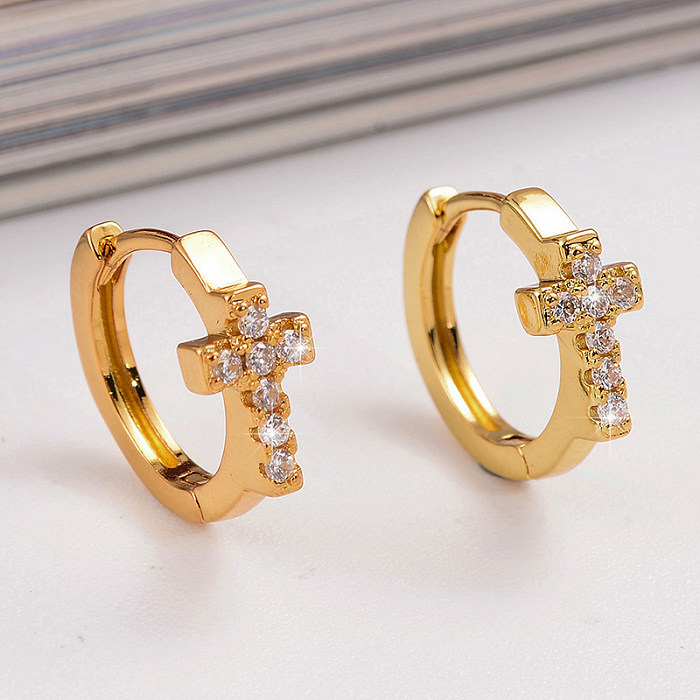 1 Pair Casual Simple Style Cross Heart Shape Plating Inlay Copper Zircon 18K Gold Plated Earrings