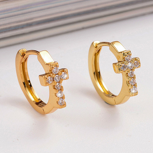 1 Paar lässiger schlichter Stil Kreuz-Herz-Form-Überzug-Inlay-Kupfer-Zirkon-18-Karat-vergoldete Ohrringe