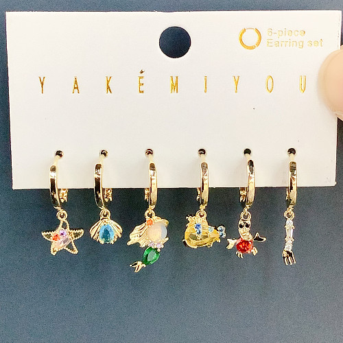 Cute Cartoon Mermaid Copper 14K Gold Plated Zircon Drop Earrings In Bulk
