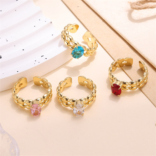 Offene Ringe für Damen mit glänzendem Edelstahlüberzug und Zirkoneinlage, 18 Karat vergoldet