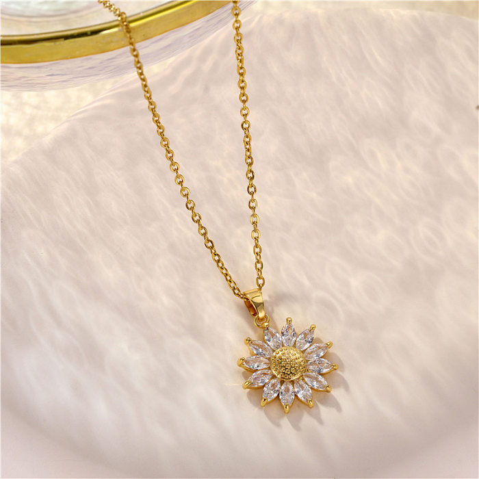 Fashion Flower Stainless Steel Brass Inlay Zircon Pendant Necklace 1 Piece