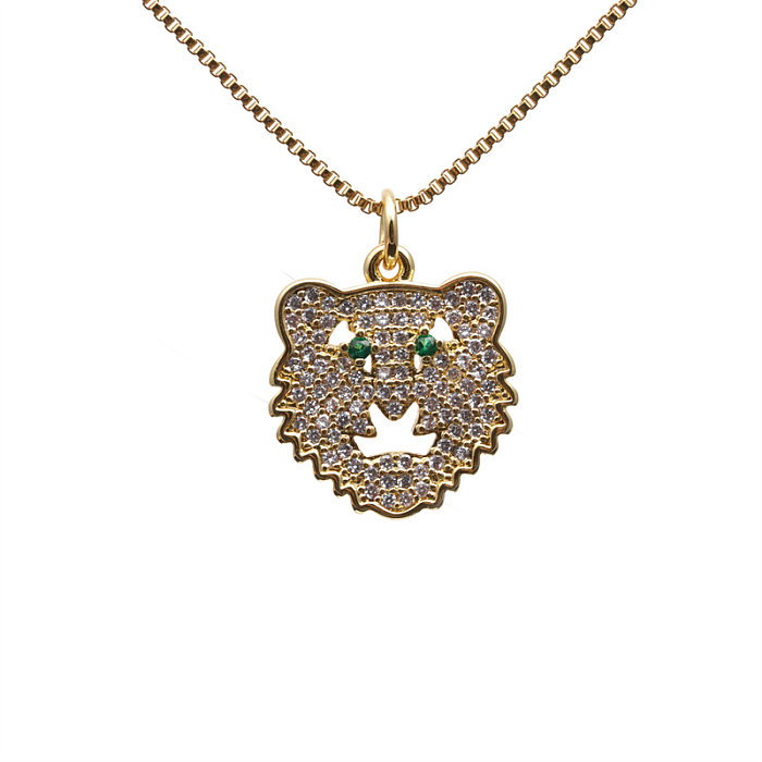 Halskette mit Anhänger im Vintage-Stil, Tiger-Leoparden-Motiv, Kupfer-Emaille-Beschichtung, Inlay, Zirkon, vergoldet