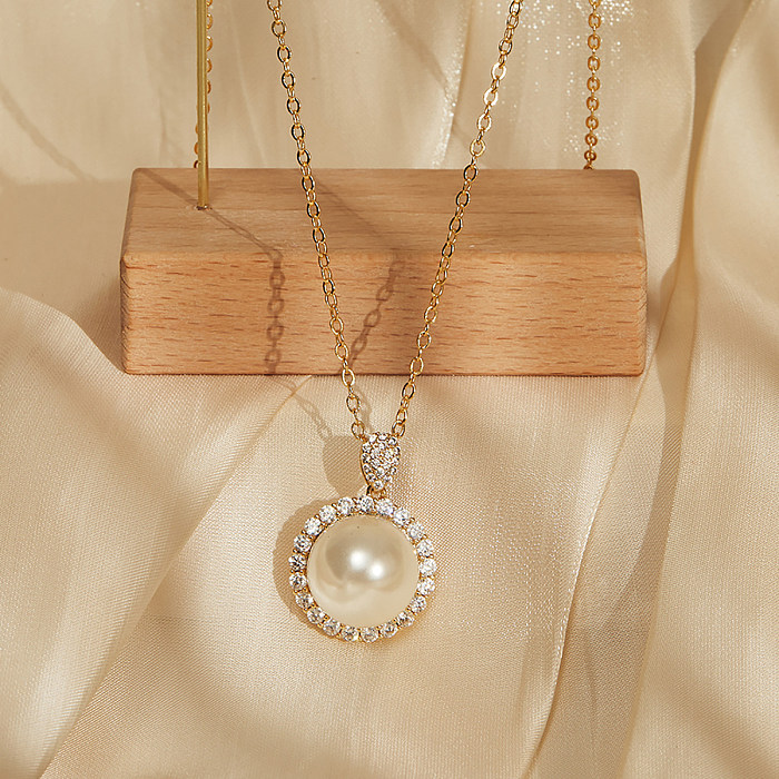 Collier élégant rond en cuivre plaqué or 18 carats avec pendentif en Zircon et perles artificielles, en vrac