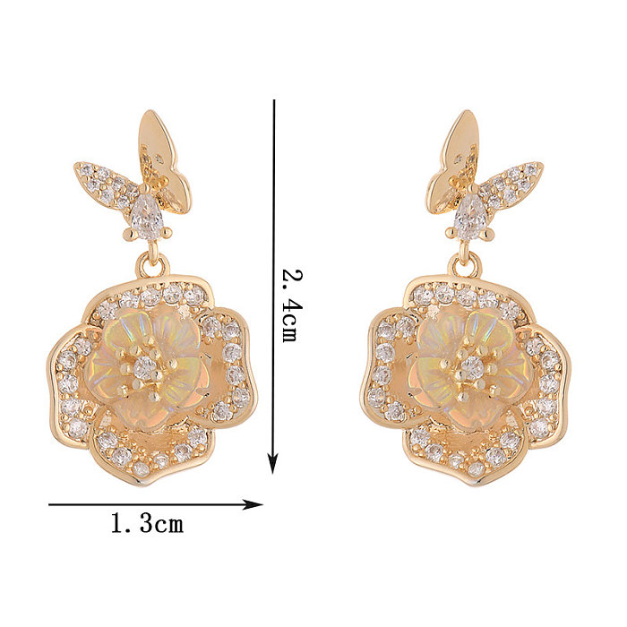 1 Pair Elegant French Style Flower Butterfly Plating Inlay Copper Zircon 14K Gold Plated Drop Earrings