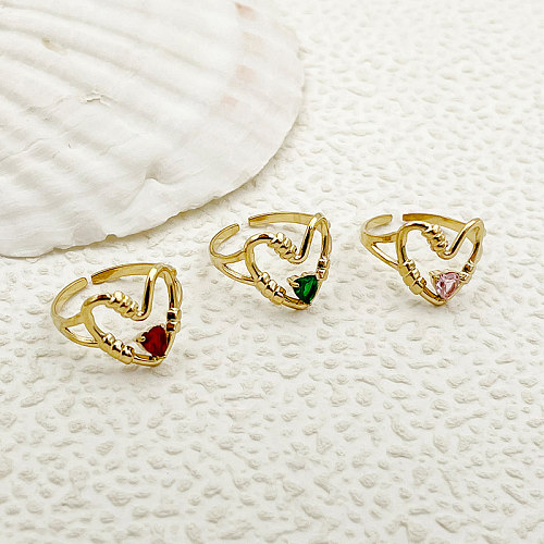 Estilo simples estilo romano formato de coração em aço inoxidável chapeamento embutido zircão anéis abertos banhados a ouro