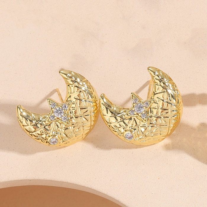 1 par elegante estilo simples estilo clássico geométrico lua coração forma chapeamento incrustação cobre zircão 14k brincos banhados a ouro