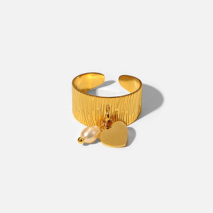 Geometrischer Ring 18K Gold Edelstahl Liebe Herzförmiger Perlenanhänger Offener Ring