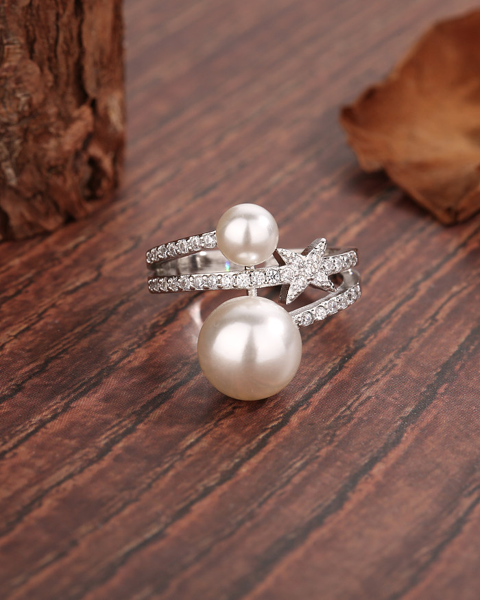 Elegant Simple Style Star Copper Plating Inlay Artificial Pearls Zircon White Gold Plated Open Ring