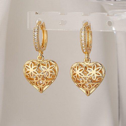 Boucles d'oreilles pendantes en forme de cœur, 1 paire, placage de fleur, incrustation ajourée en cuivre et Zircon plaqué or 18 carats