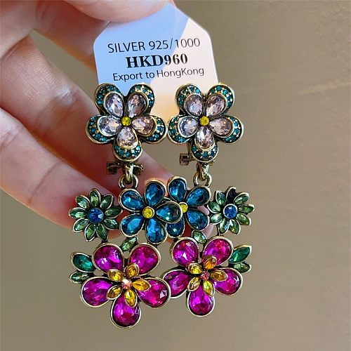 1 Pair Elegant Retro Flower Plating Inlay Copper Zircon Drop Earrings