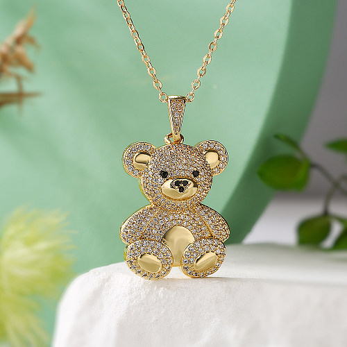 Cute Simple Style Little Bear Copper Plating Inlay Zircon 18K Gold Plated Pendant Necklace