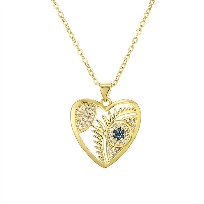 Retro Heart Shape Bow Knot Copper Hollow Out Inlay Zircon Gold Plated Pendant Necklace