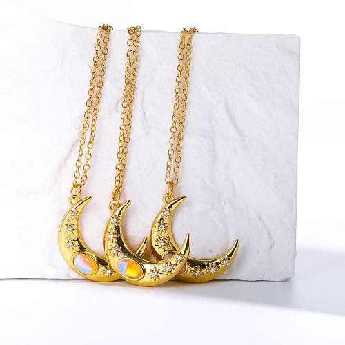 Lässiger schlichter Mond-Kupfer-Beschichtungs-Inlay-Opal-Anhänger mit 18 Karat vergoldeter Halskette