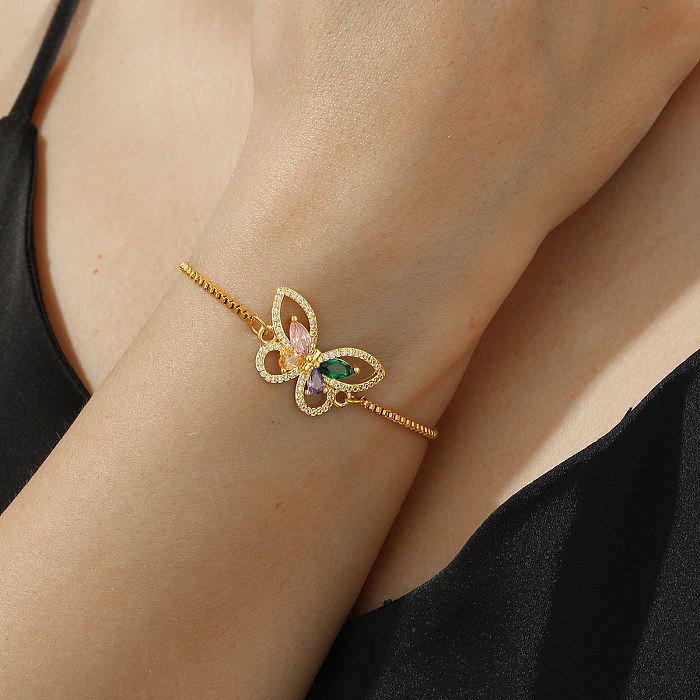 Elegant Simple Style Snake Butterfly Copper Plating Hollow Out Inlay Zircon 18K Gold Plated Bracelets