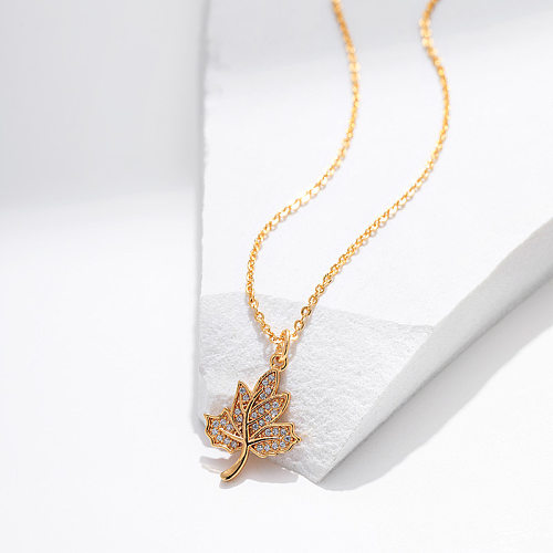 Retro Maple Leaf Copper Zircon Pendant Necklace In Bulk