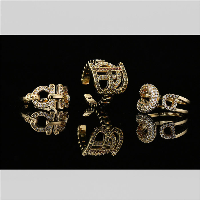 Venda quente transfronteiriça anel geométrico irregular abertura design 18k real chapeamento de ouro cobre micro incrustado ornamento anel feminino