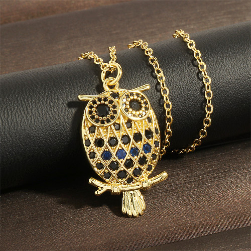 Vintage Style Owl Copper Plating Inlay Zircon 18K Gold Plated Pendant Necklace