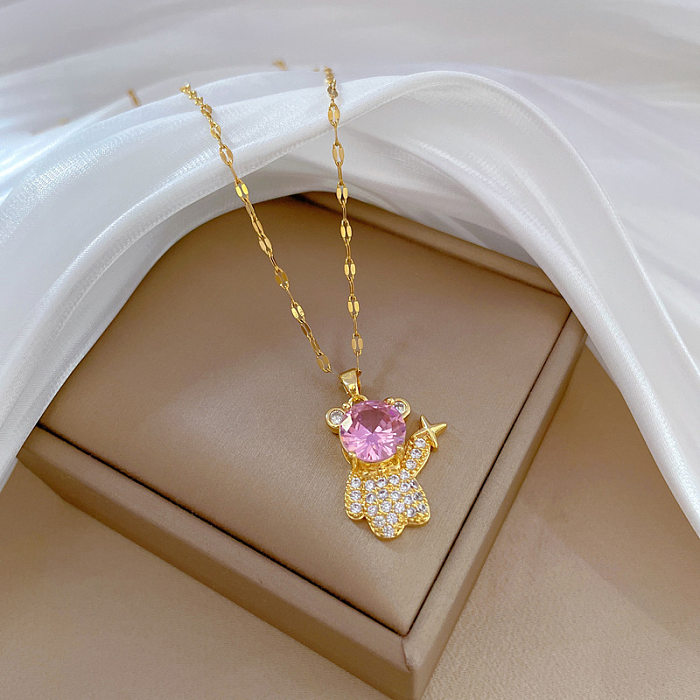 Cute Sweet Star Bear Titanium Steel Copper Artificial Gemstones Pendant Necklace In Bulk