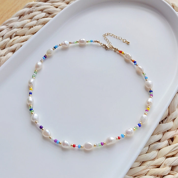 Collar de pulseras con cuentas de cobre y cristal de perlas de agua dulce geométricas bohemias