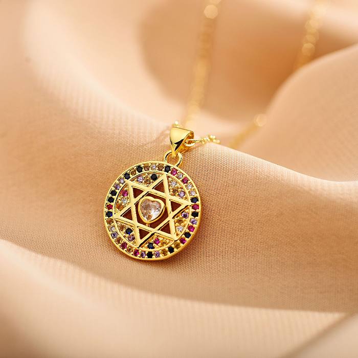 Casual Shiny Hexagram Round Heart Shape Copper Zircon Pendant Necklace In Bulk