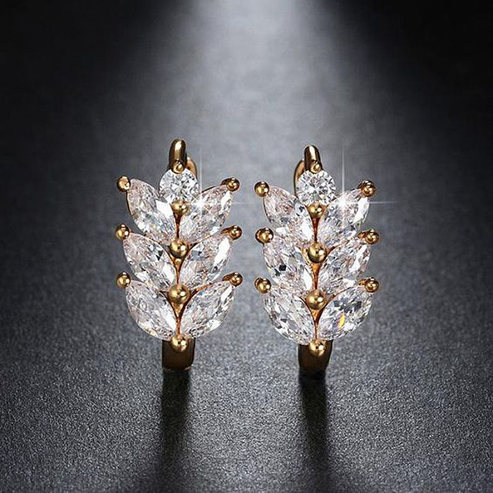 Mode-Blatt-Kupfer-Ohrringe eingelegte Zirkon-künstliche Edelstein-Kupfer-Ohrringe