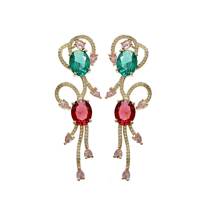 1 Pair Shiny Oval Water Droplets Inlay Copper Zircon Drop Earrings