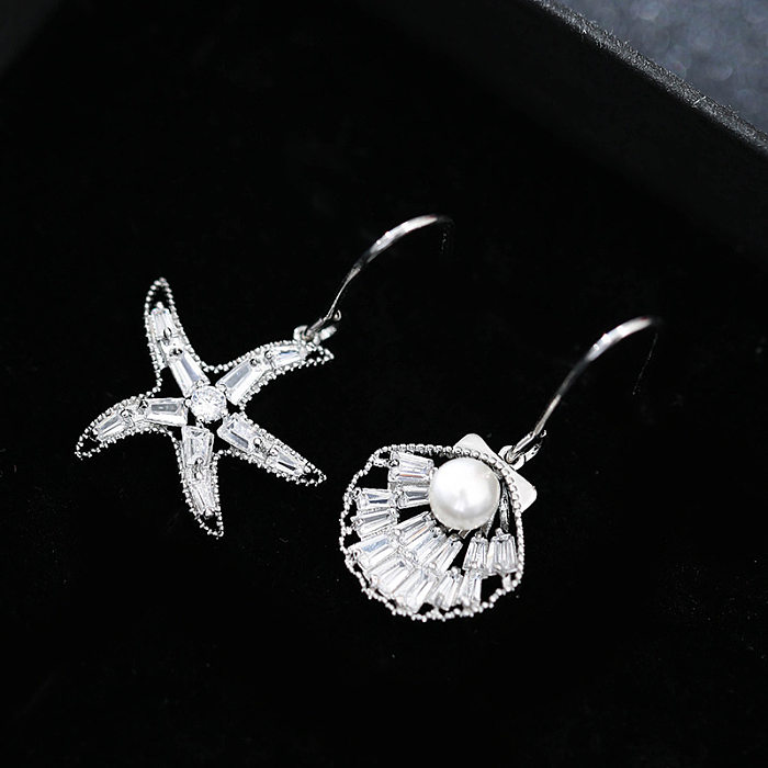 1 par de ganchos para la oreja de perlas artificiales de cobre con incrustaciones de concha de mar de vacaciones