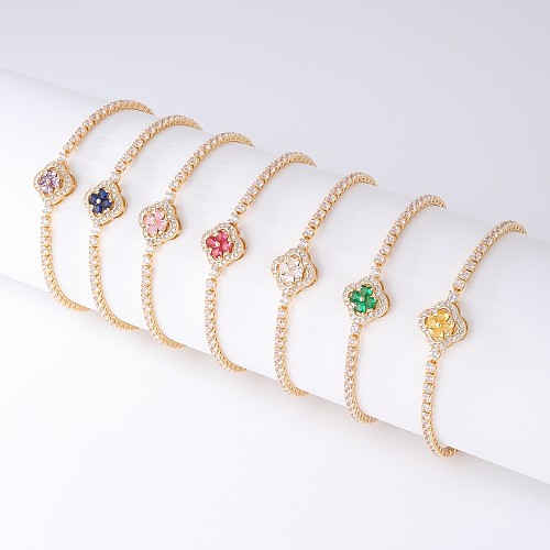 Sweet Simple Style Four Leaf Clover Copper Plating Inlay Zircon White Gold Plated Gold Plated Bracelets